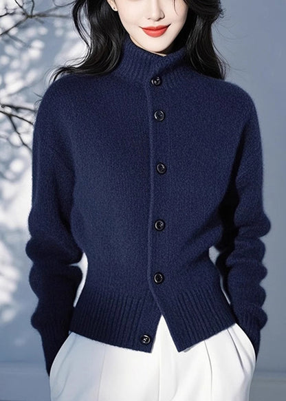 Fitted Blue Stand Collar Button Cotton Knit Cardigans Spring TO039