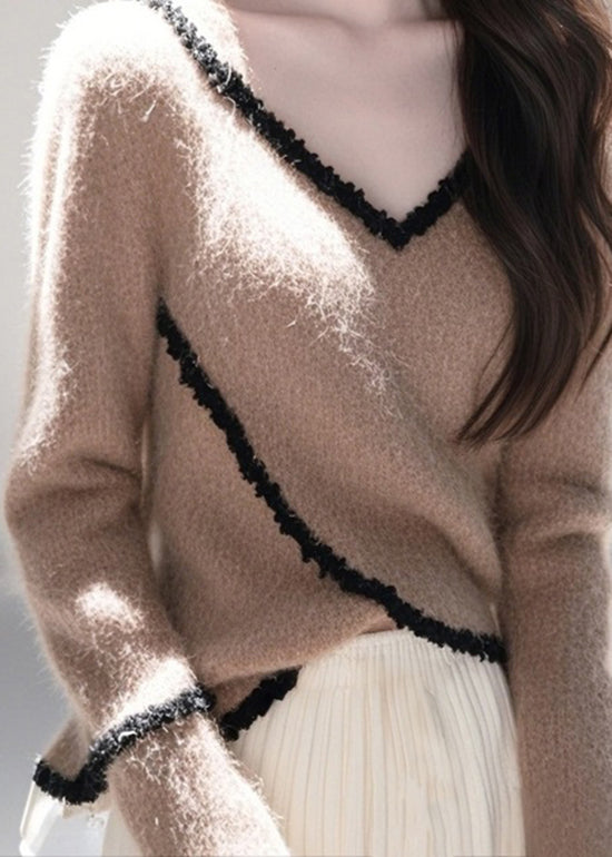 Fitted Coffee V Neck Lace Patchwork Knit Pullover Spring TO010