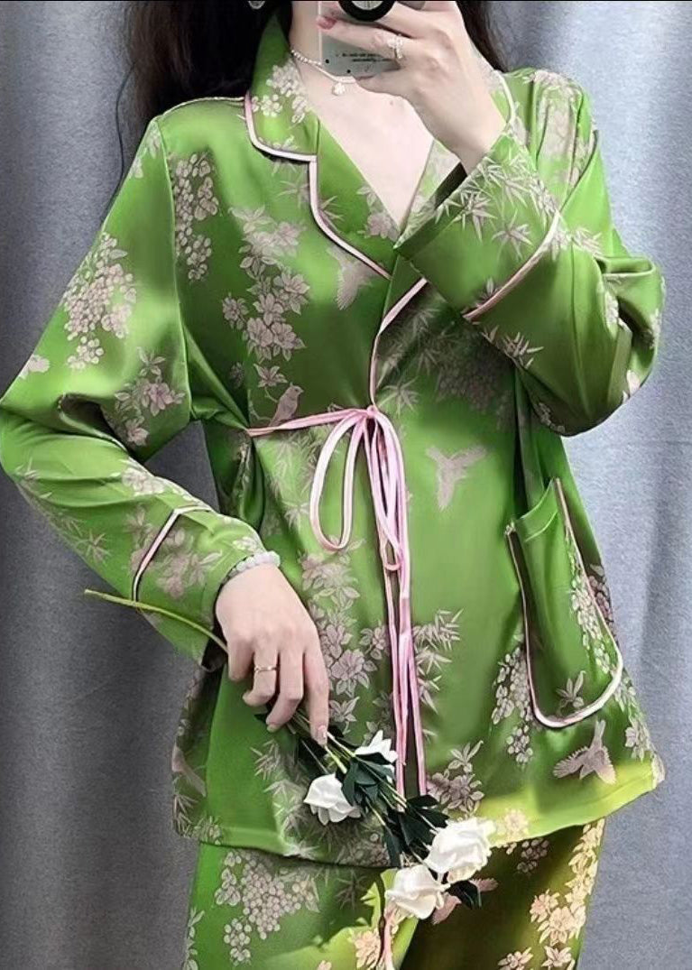 Fitted Green Peter Pan Collar Print Ice Silk Two Pieces Set Spring XS1026