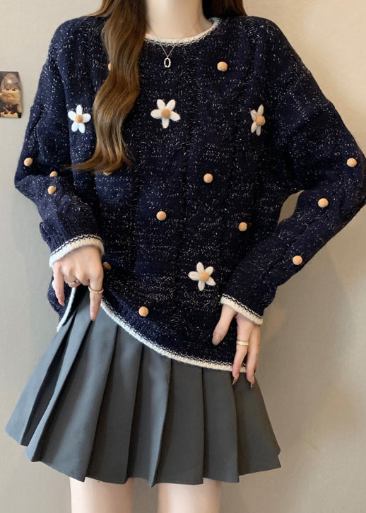 Fitted Navy O-Neck Embroidered Knit Short Sweater Winter RG022