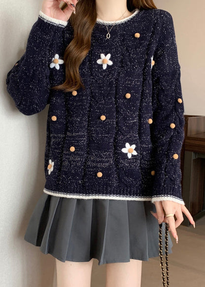 Fitted Navy O-Neck Embroidered Knit Short Sweater Winter RG022