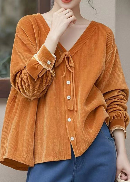 Fitted Orange V Neck Lace Up Silk Velour Shirt Fall WN012