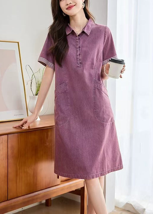 Pan Fitted Peter Day Collar Summer Dress Denim Purple Pockets