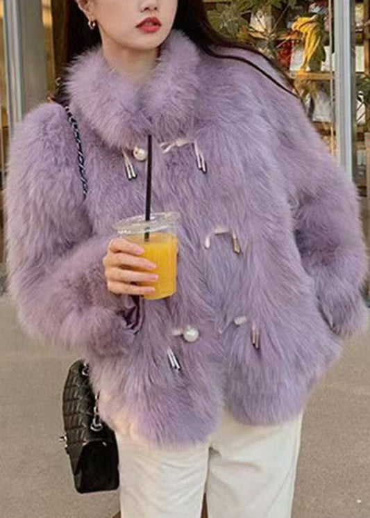 Fitted Purple Stand Collar Button Leather And Fur Coats Winter RD008