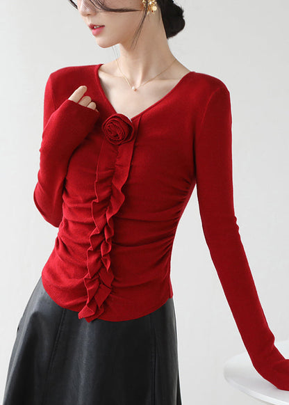 Fitted Red V Neck Ruffled Floral Knit Top Spring RB005