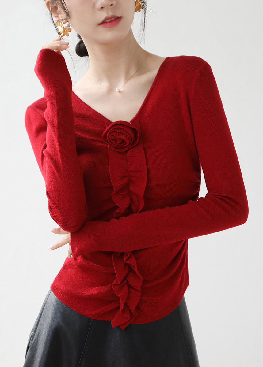 Fitted Red V Neck Ruffled Floral Knit Top Spring RB005