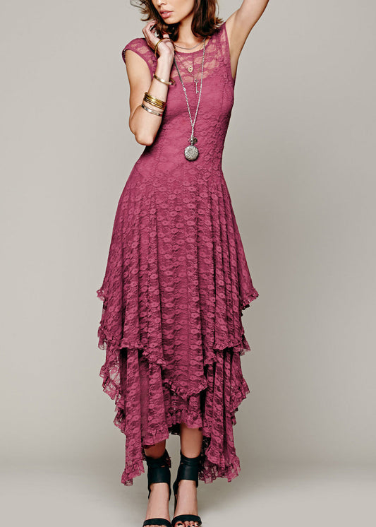 Robe longue asymétrique en dentelle ajourée, coupe ajustée, rose, été, TH051