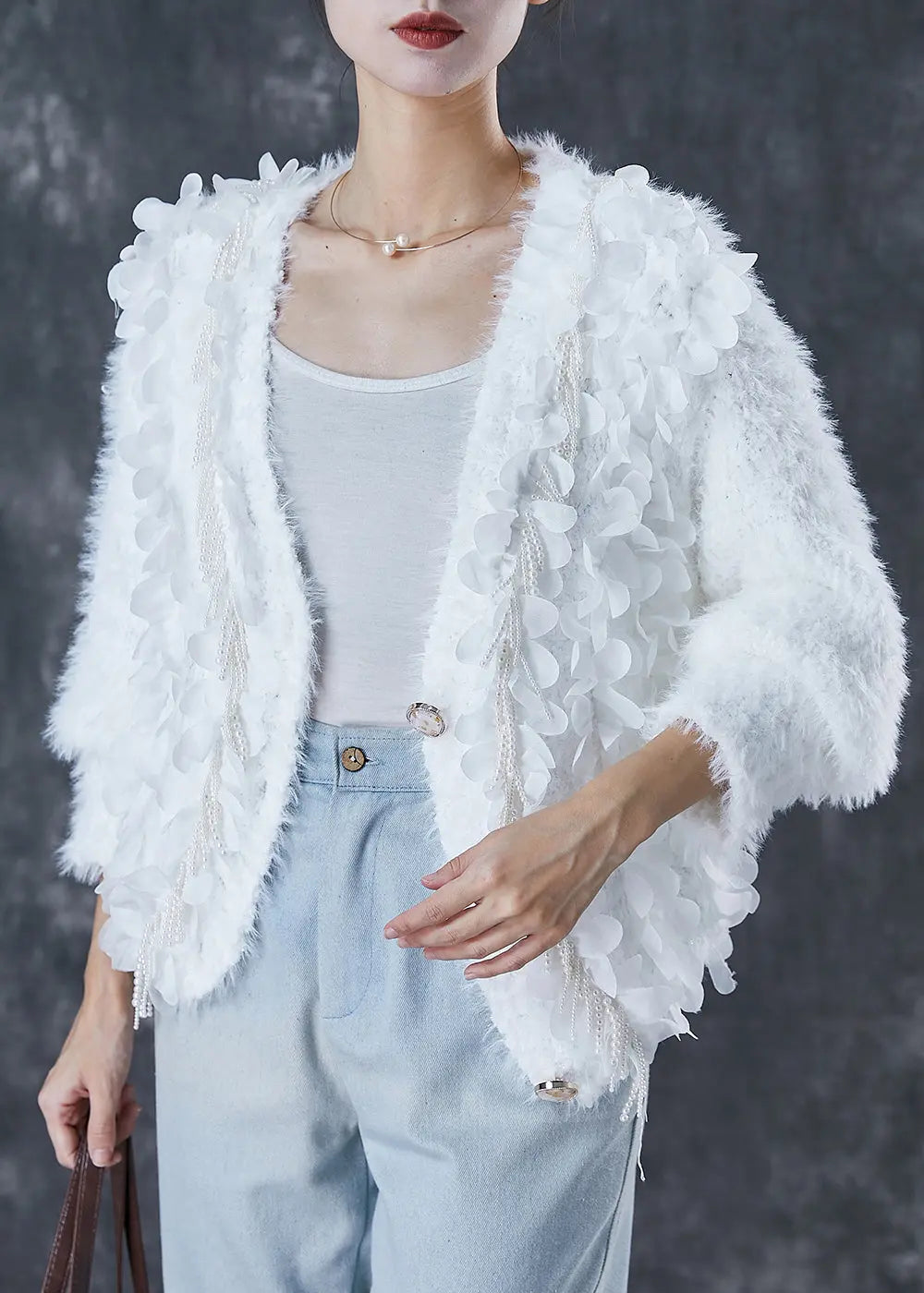 Fitted White Tasseled Nail Bead Knit Cardigan Spring Ada Fashion