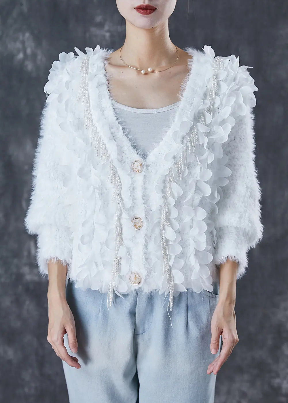 Fitted White Tasseled Nail Bead Knit Cardigan Spring Ada Fashion