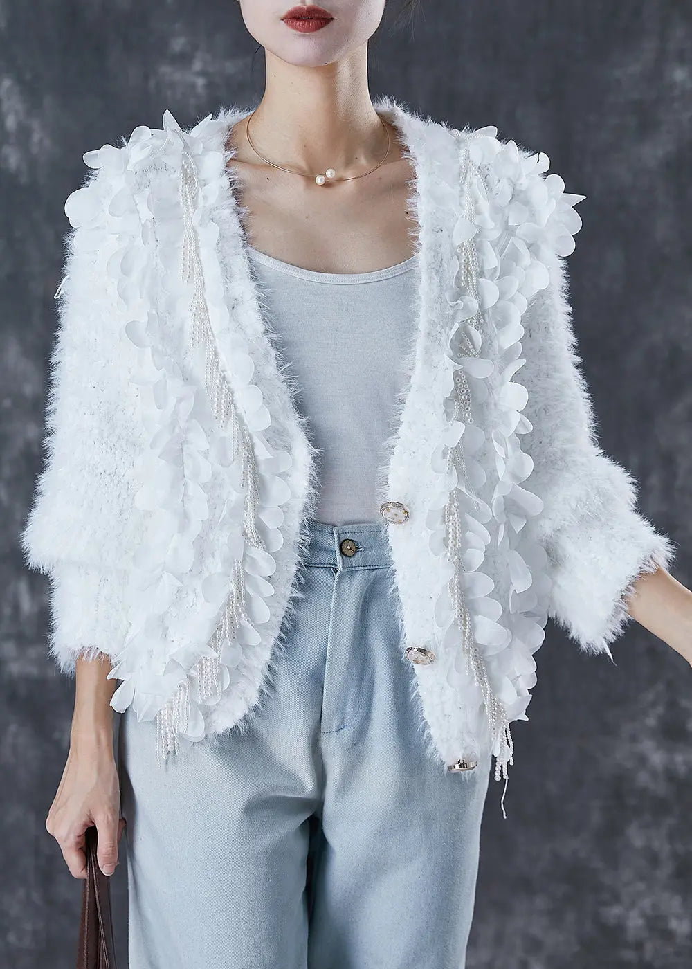 Fitted White Tasseled Nail Bead Knit Cardigan Spring Ada Fashion