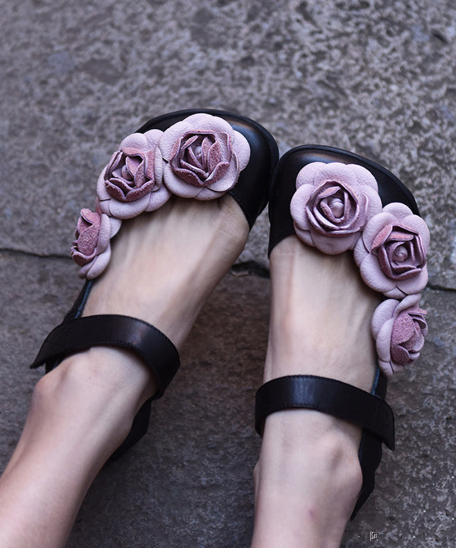 Sandales de marche Baotou à boucle florale noire avec tige en cuir épissé RT1033