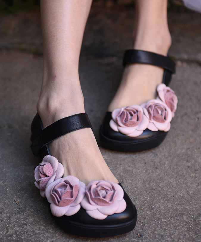 Floral Black Buckle Strap Splicing Leather Upper Baotou Walking Sandals RT1033