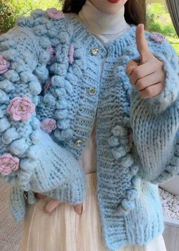 Floral Blue O Neck Button Cozy Knit Coat Winter WY009