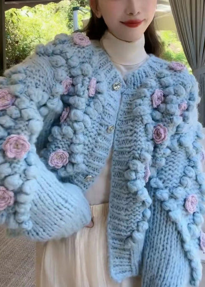 Floral Blue O Neck Button Cozy Knit Coat Winter WY009