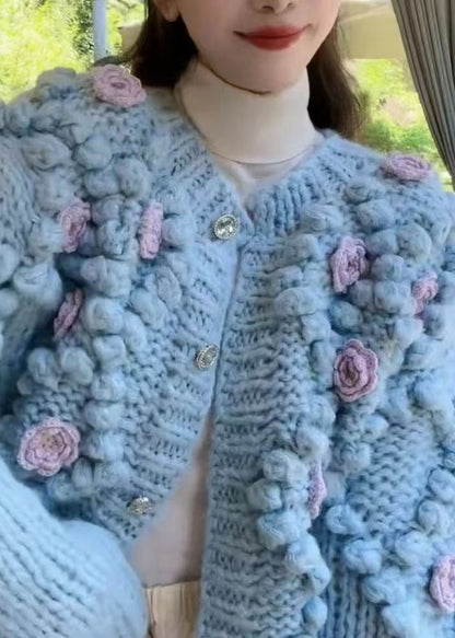 Floral Blue O Neck Button Cozy Knit Coat Winter WY009