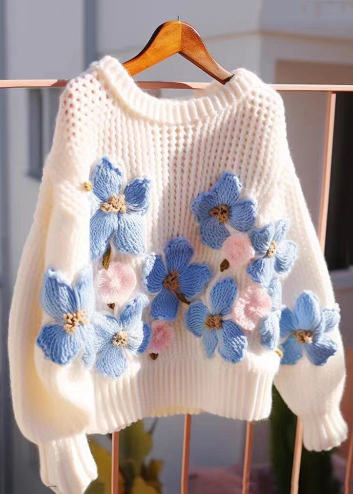 Floral Blue O Neck Hollow Out Cozy Knit Sweaters Fall QG018