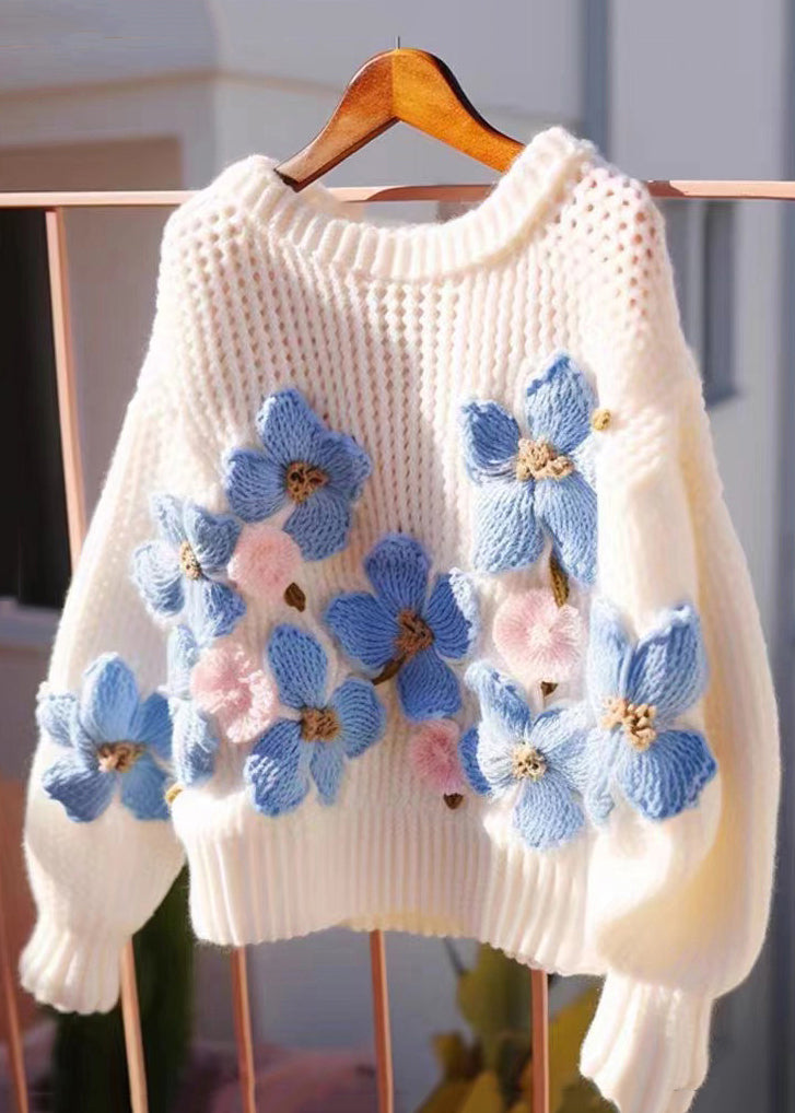 Floral Blue O Neck Hollow Out Cozy Knit Sweaters Fall QG018