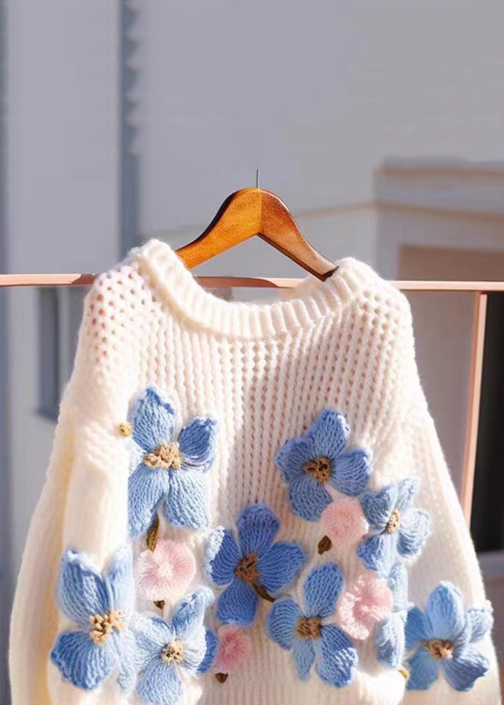 Floral Blue O Neck Hollow Out Cozy Knit Sweaters Fall QG018