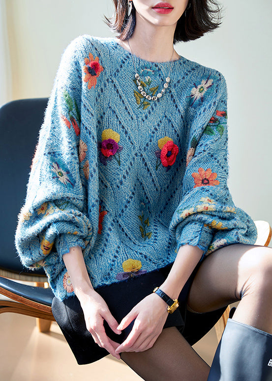 Floral Blue O-Neck Hollow Out Knit Sweaters Fall QS003