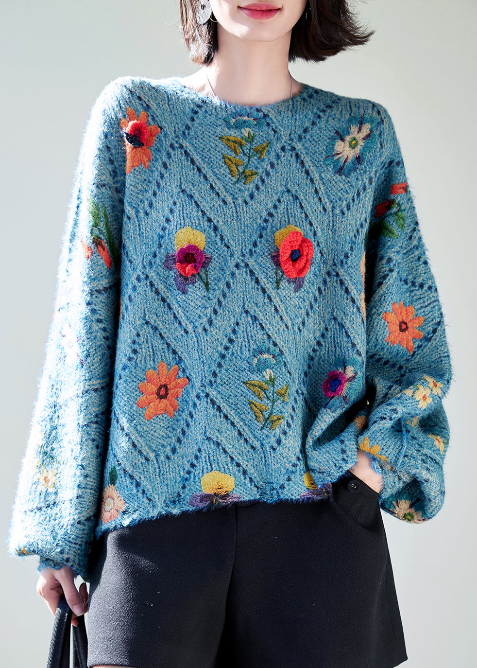 Floral Blue O-Neck Hollow Out Knit Sweaters Fall QS003