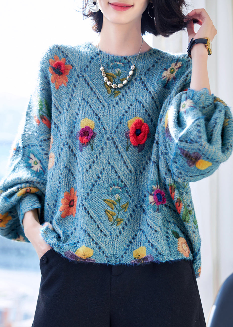 Floral Blue O-Neck Hollow Out Knit Sweaters Fall QS003