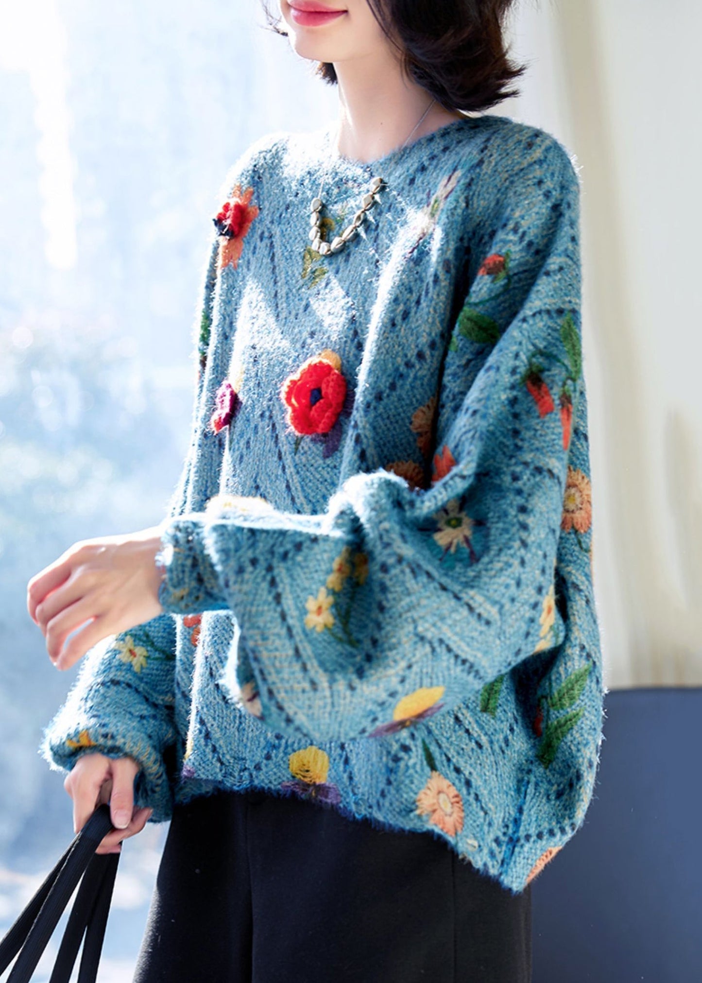 Floral Blue O-Neck Hollow Out Knit Sweaters Fall QS003