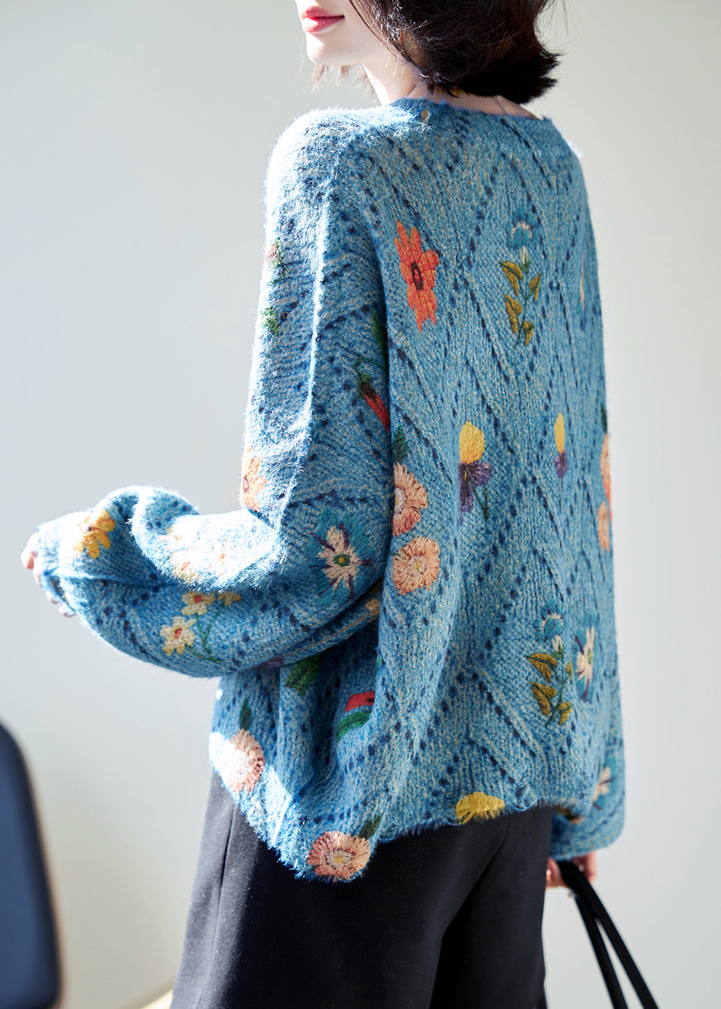 Floral Blue O-Neck Hollow Out Knit Sweaters Fall QS003