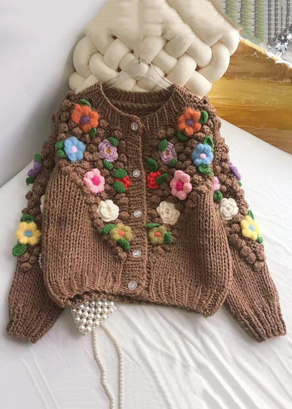 Floral Brown Button Cozy Patchwork Cotton Knit Coats Winter WY011