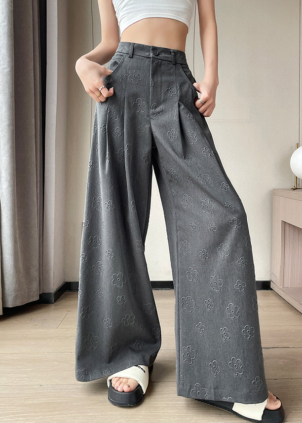 Pantalon taille haute en élasthanne à poches florales grises pour l'été KK056