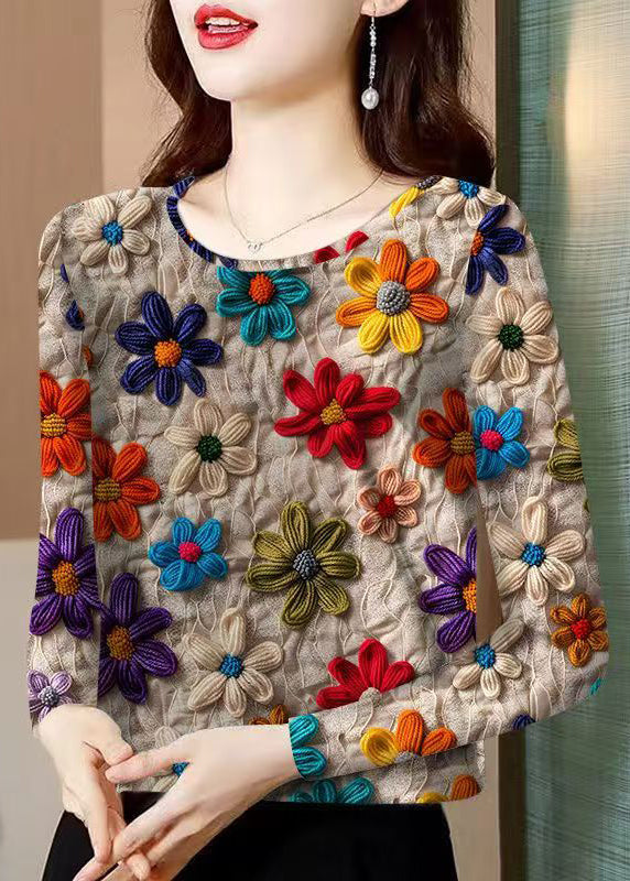 Floral Khaki O Neck Patchwork Baumwolle T Shirt Herbst RK035