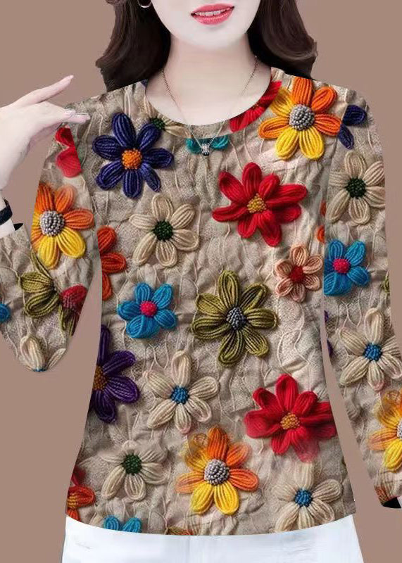 Floral Khaki O Neck Patchwork Baumwolle T Shirt Herbst RK035