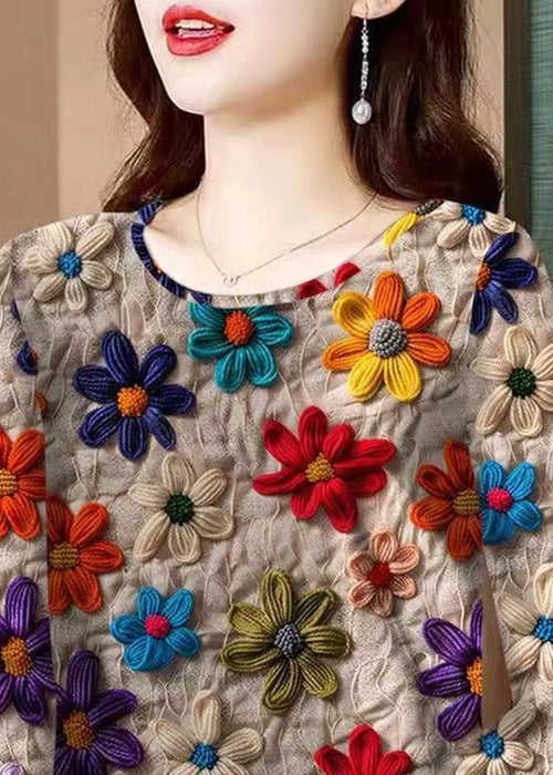 Floral Khaki O Neck Patchwork Baumwolle T Shirt Herbst RK035