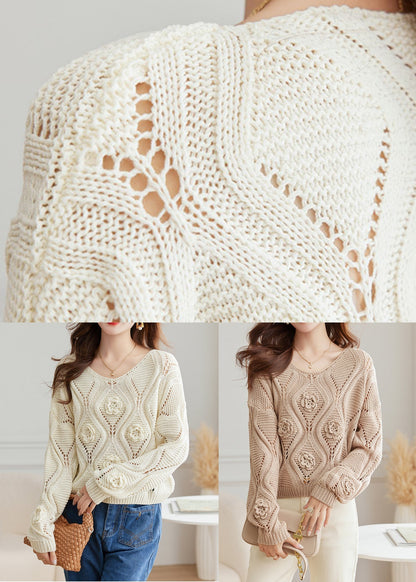 Floral Light Camel O Neck Hollow Out Knit Sweaters Fall QS027