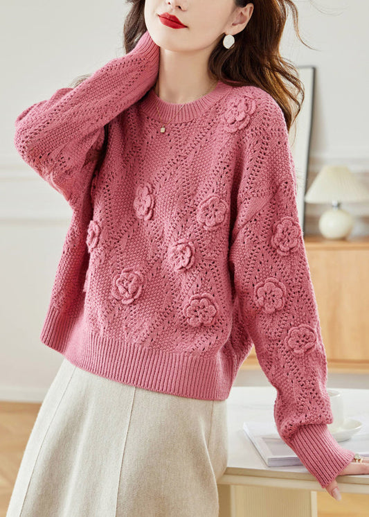 Floral Pink Hollow Out Solid Knit Sweaters Fall QS008