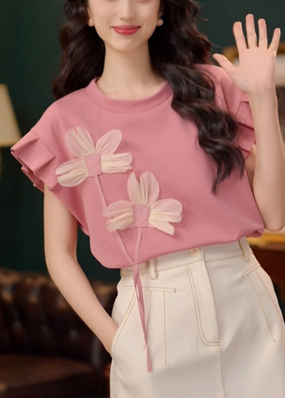 Cotton Neck Floral Summer T O Patchwork Shirt Pink