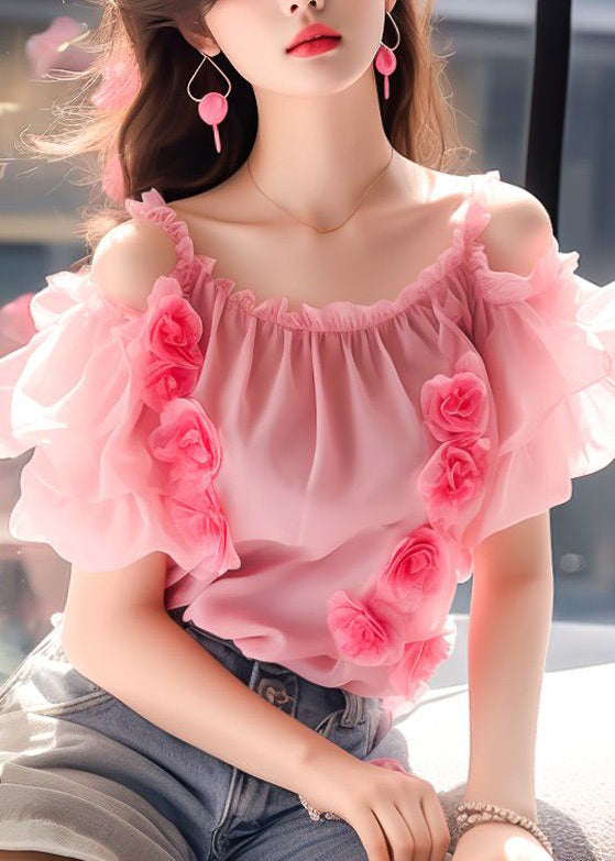 Floral Pink Ruffled Wrinkled Chiffon Top Short Sleeve OP1042