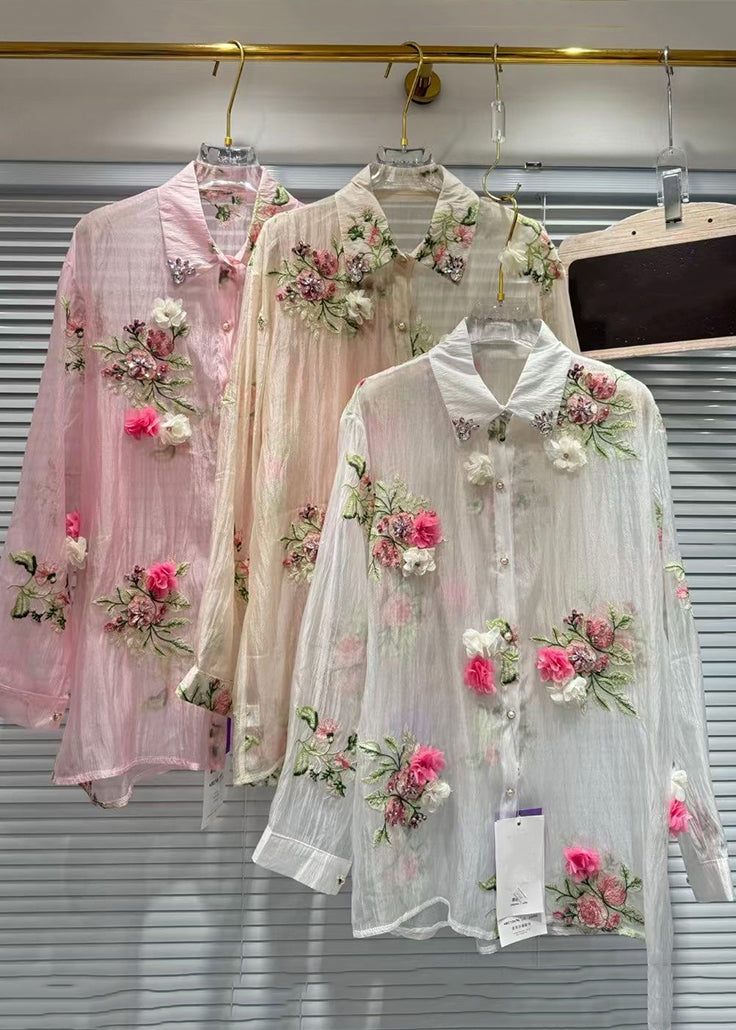 Pink Patchwork Summer Zircon Cotton Shirts Floral