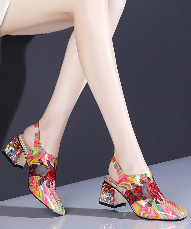 Floral Red Buckle Strap Breathable Mesh Splicing Chunky High Heels RT1053