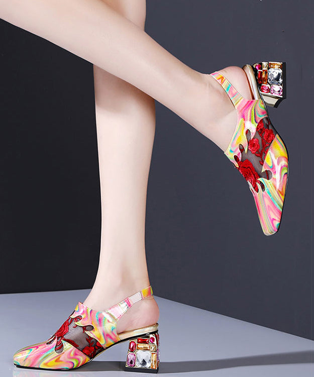 Floral Red Buckle Strap Breathable Mesh Splicing Chunky High Heels RT1053