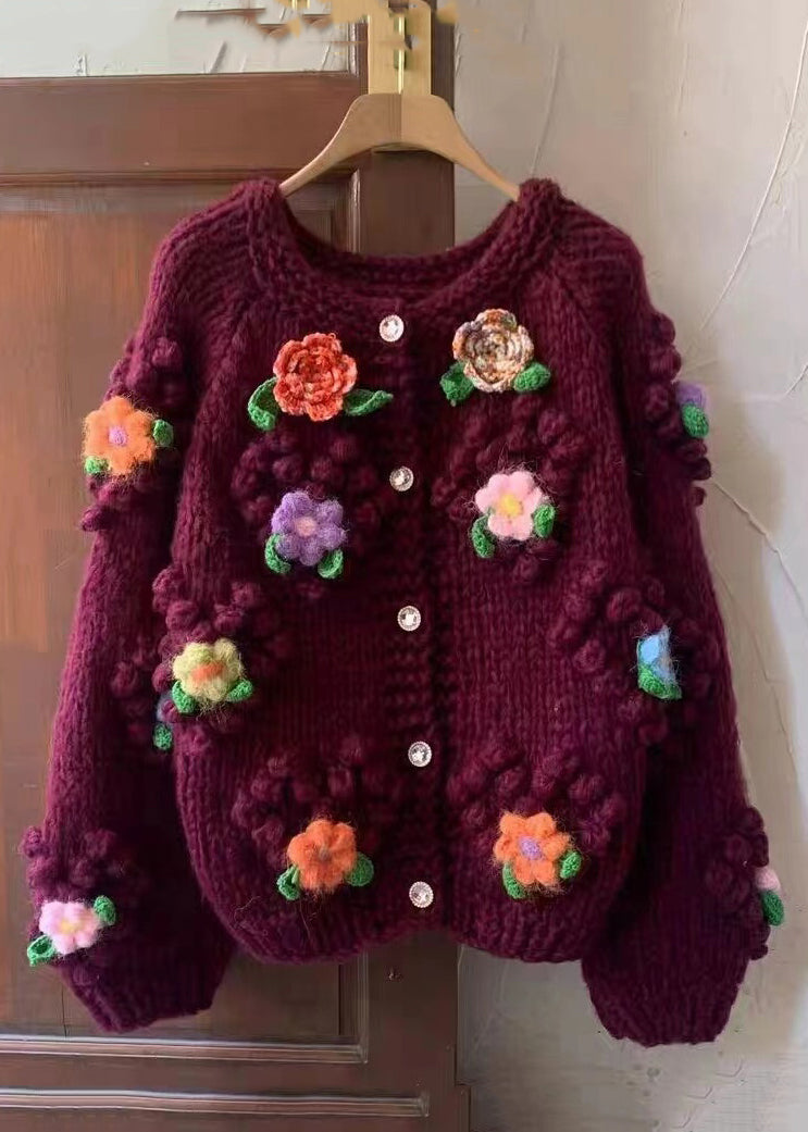 Floral Red O Neck Button Cozy Cotton Knit Coats Long Sleeve Ada Fashion