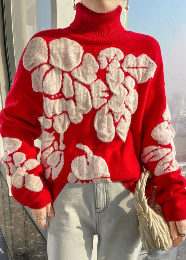Floral White Turtleneck Patchwork Cotton Wool Knit Shirts Long Sleeve TB030