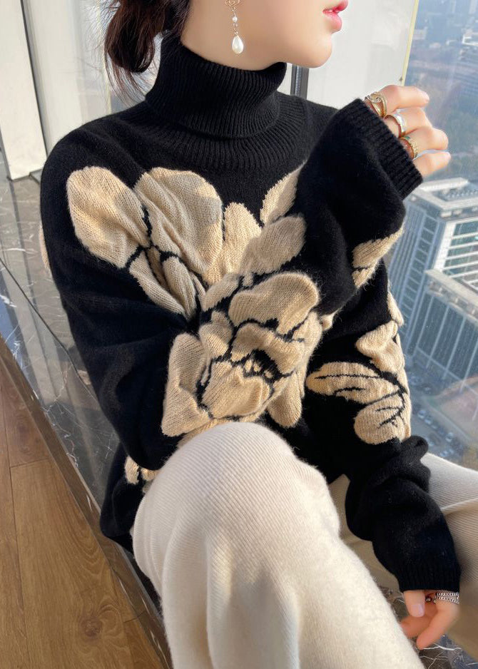 Floral White Turtleneck Patchwork Cotton Wool Knit Shirts Long Sleeve TB030