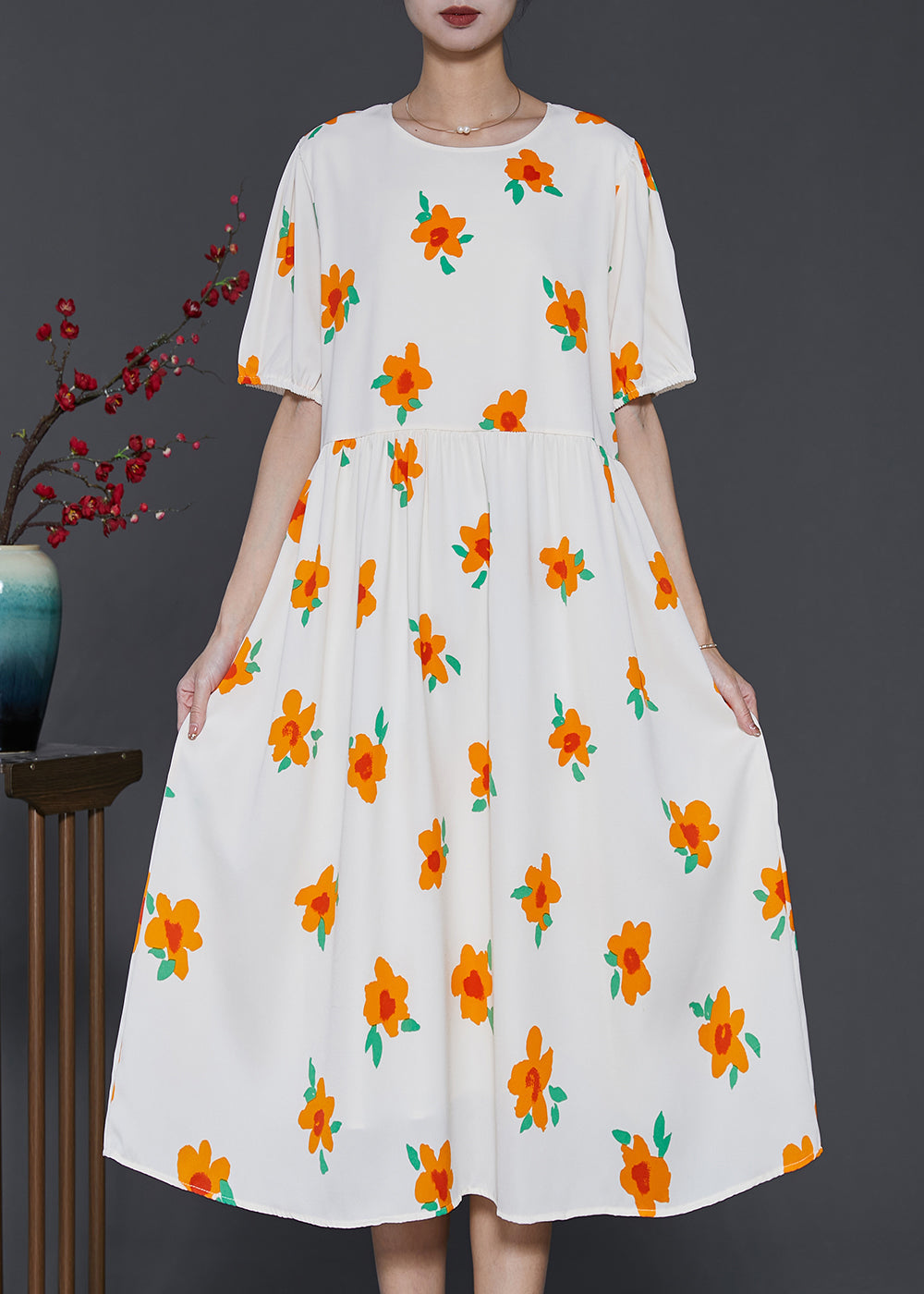 Robe de vacances en coton à imprimé floral abricot français SD1010