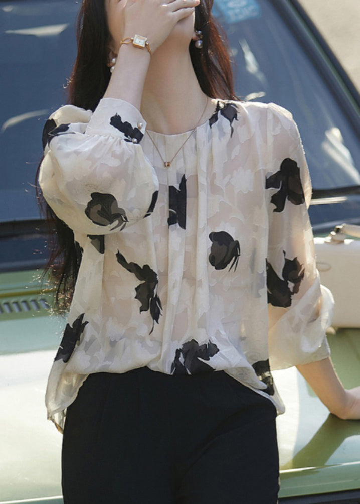 French Apricot O Neck Print Chiffon Top Fall QT033