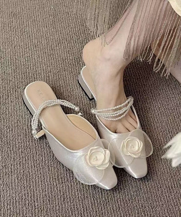 French Apricot Pearl Floral Satin Slide Sandals JJ037