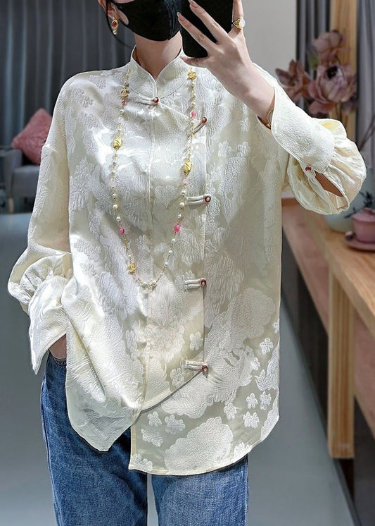 French Apricot Stand Collar Print Silk Blouses Spring Ada Fashion