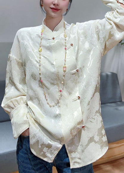 French Apricot Stand Collar Print Silk Blouses Spring Ada Fashion