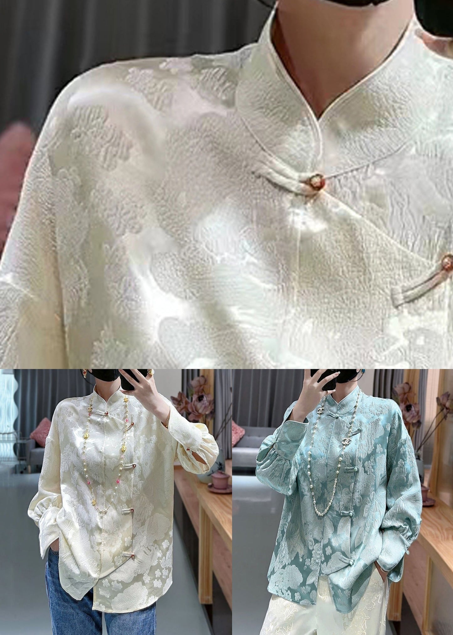 French Apricot Stand Collar Print Silk Blouses Spring Ada Fashion