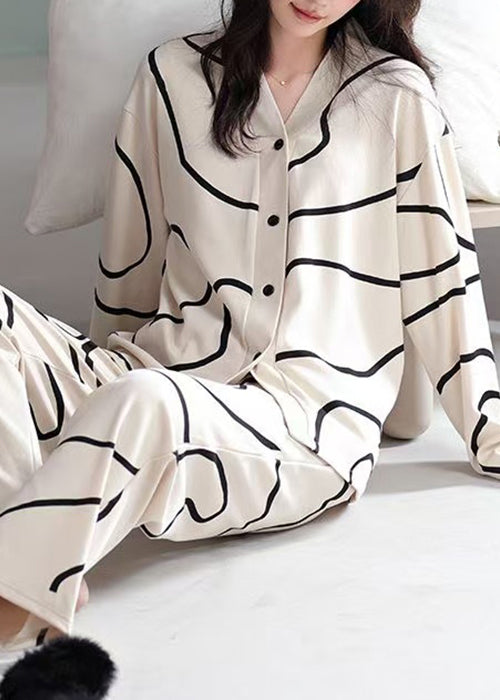 Piece Button Apricot Striped Cotton French Set Two Pajamas Fall