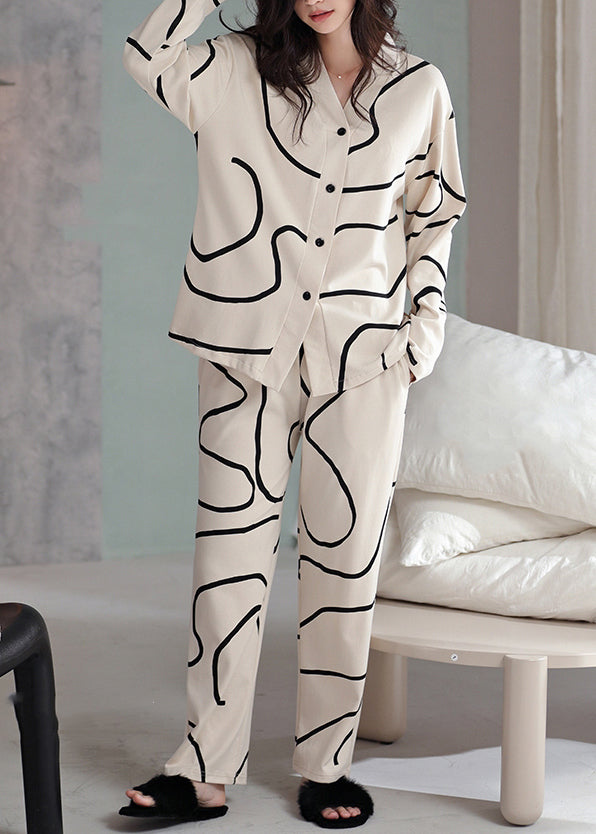 Piece Button Apricot Striped Cotton French Set Two Pajamas Fall